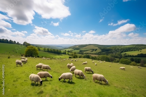 Idyllic countryside landscape with a herd of grazing sheep on a lush green pasture under a vibrant blue sky, generative ai