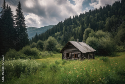 Idyllic log cabin in the tranquil valley surrounded by towering mountains and lush green forests, generative ai