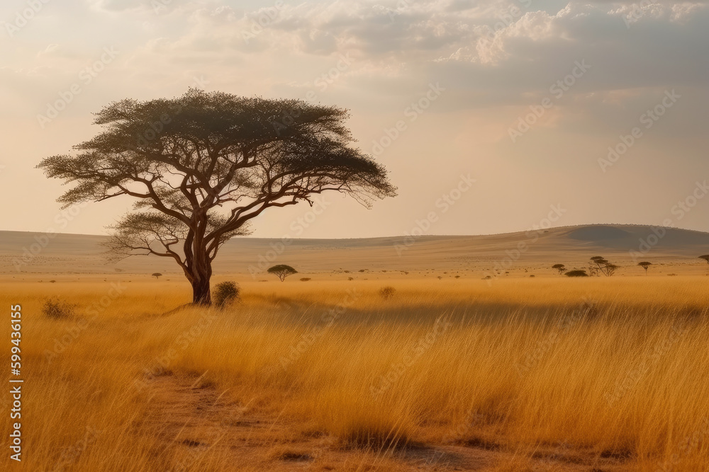 Lonely Acacia Tree Standing Tall in the Vastness of African Savannah, generative ai