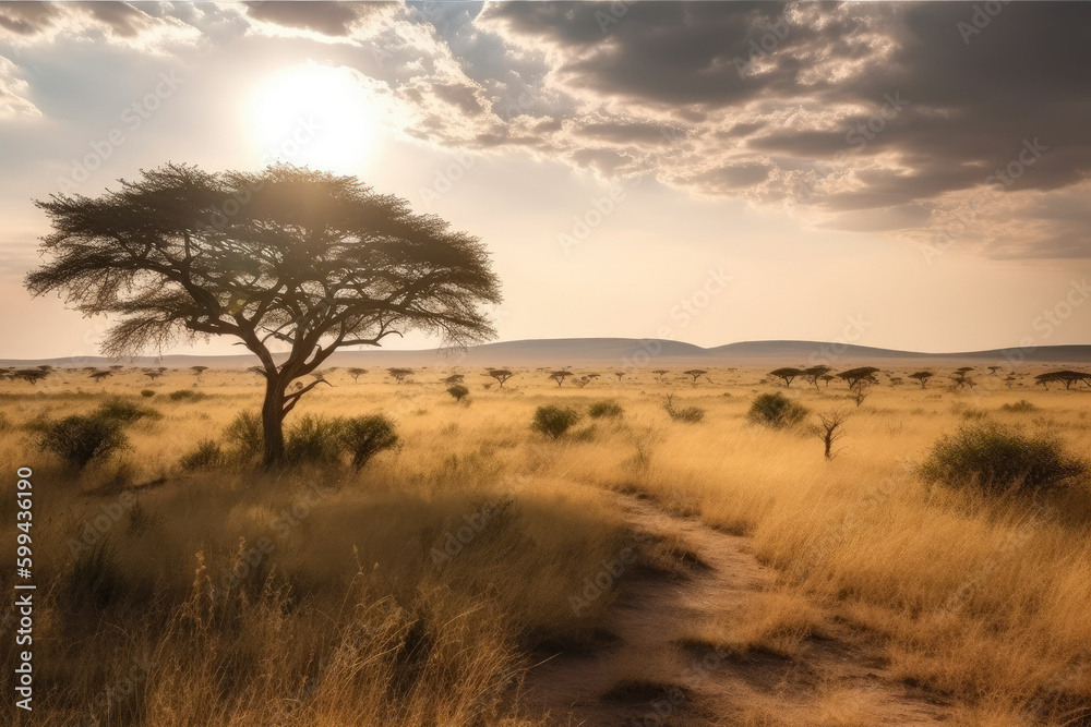Majestic Acacia Tree with a View of a Rolling African Savannah, generative ai Majestic Acacia Tree with a View of a Rolling African Savannah, generative ai