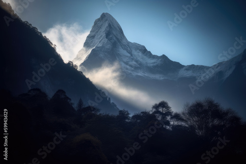 Magical mountain peak enveloped in a mystical mist, bathed in the early morning light, generative ai