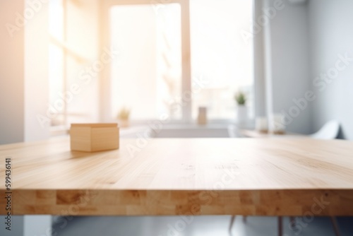 Empty Wooden Table with Blurred Interior Background Created with Generative AI