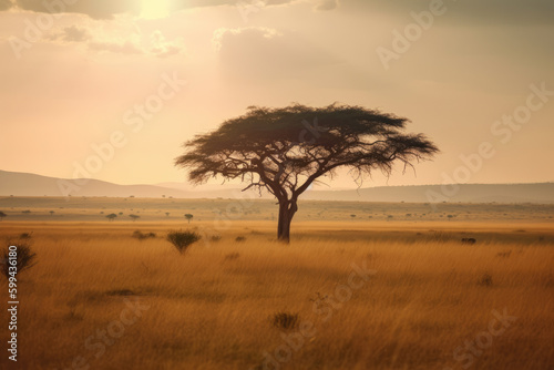 Majestic Acacia Tree with a View of a Rolling African Savannah, generative ai