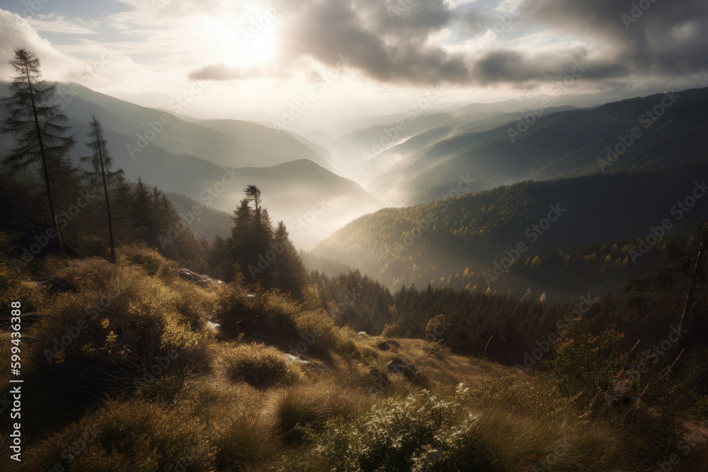 Majestic mountaintop covered in mist, offering a panoramic view of the valley, with the sun peeking through the clouds, generative ai