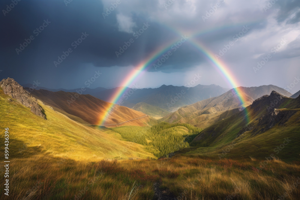 Majestic Valley with a Double Rainbow in the Sky, generative ai
