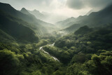 Majestic misty mountaintop overlooking the verdant valley below, with lush trees and winding river, generative ai