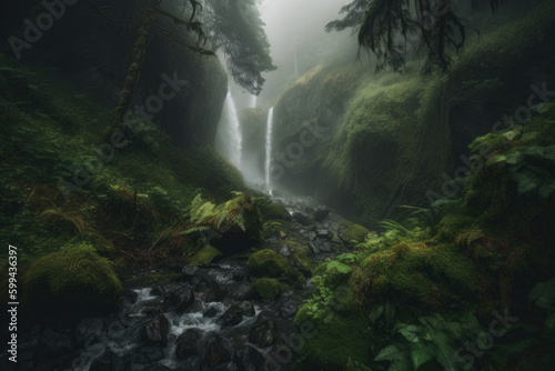 Majestic waterfall cascading down a mossy cliff amidst a dense fog-covered forest, generative ai © aicandy