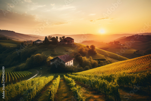 Majestic sunset over a serene hillside dotted with rolling vineyards and quaint farmhouses, generative ai