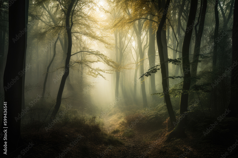 Misty forest with sunlight beaming through the trees in a hauntingly beautiful way, generative ai