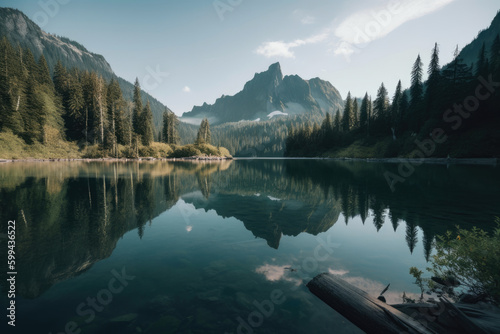 Mirror Lake Serene Body of Water Reflecting Towering Mountains, generative ai