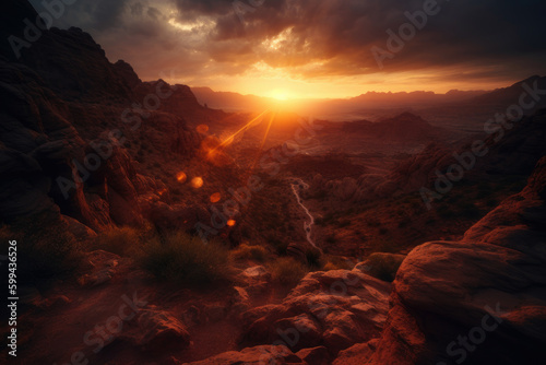 Mesmerizing Sunset over Canyon with Towering Rock Formations, generative ai