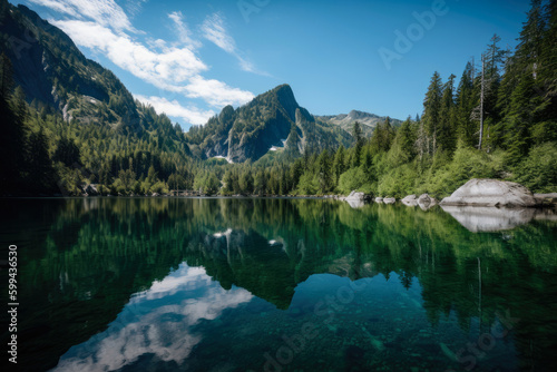 Mirror Lake Serene Body of Water Reflecting Towering Mountains  generative ai