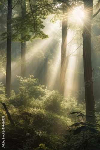 Misty forest with shafts of sunlight piercing through the canopy  generative ai
