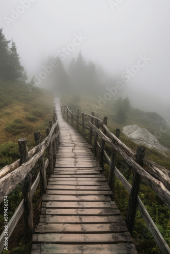 Misty Mountain Pathway with a Wooden Bridge, generative ai © aicandy