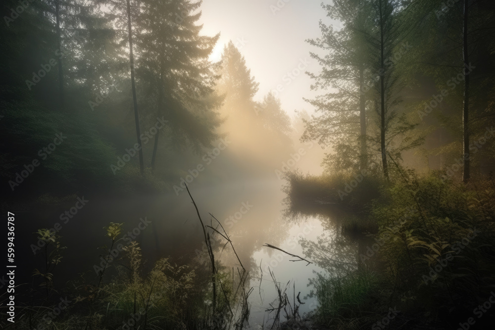 Mystical Morning misty forest with a hidden lake surrounded by tall trees and a light fog, generative ai