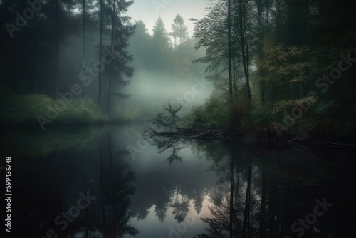 Mystic Reflection serene hidden lake in a foggy forest with a perfect reflection of the surrounding trees  generative ai