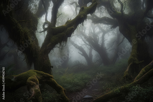 Mystery Grove hidden forest filled with ancient trees cloaked in a thick mist, surrounded by an eerie stillness that belies the secrets it holds, generative ai