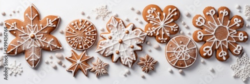 Christmas gingerbread cookies in shape of snowflakes and stars, with white icing sugar.  Background banner, frame. Ai image
