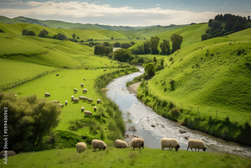peaceful countryside landscape with rolling hills and farmland, dotted with grazing sheep and a winding river, generative ai