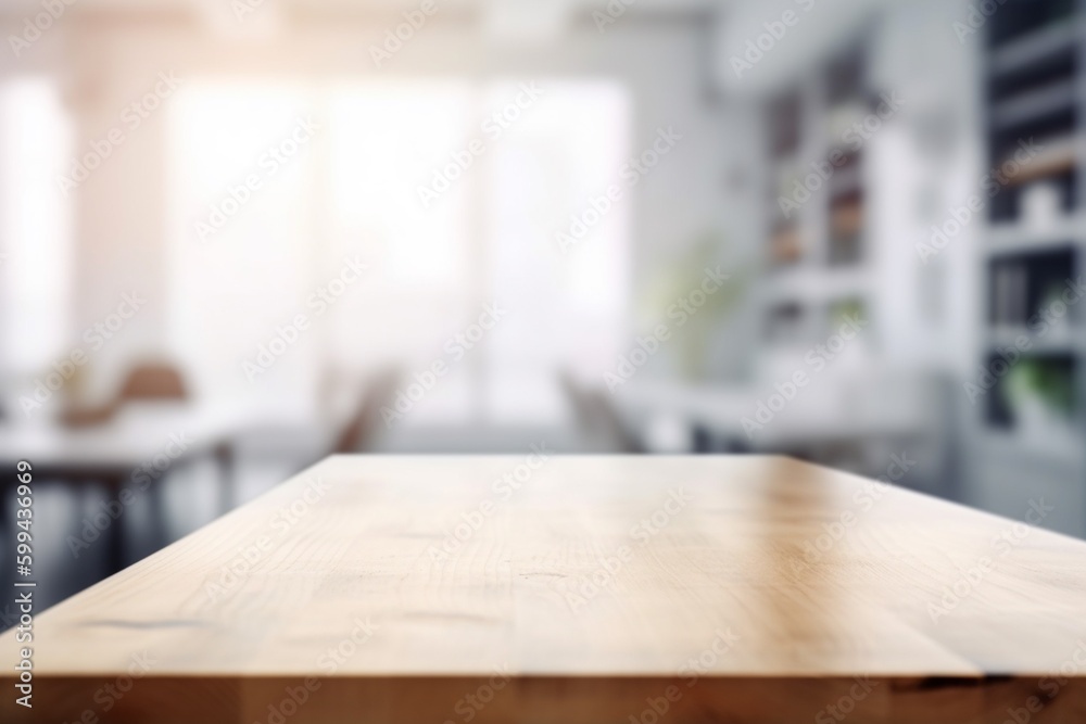 Empty Wooden Table with Blurred Interior Background Created with Generative AI Empty Wooden Table with Blurred Interior Background Created with Generative AI