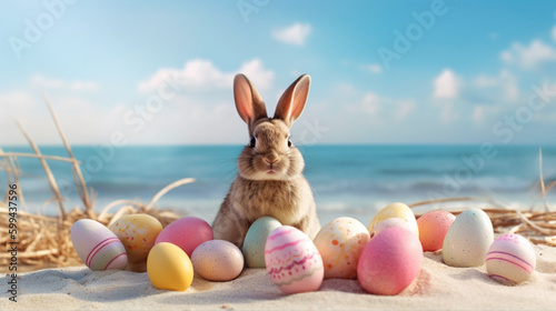 Cute Easter bunny with easter eggs on beach. Generative AI
