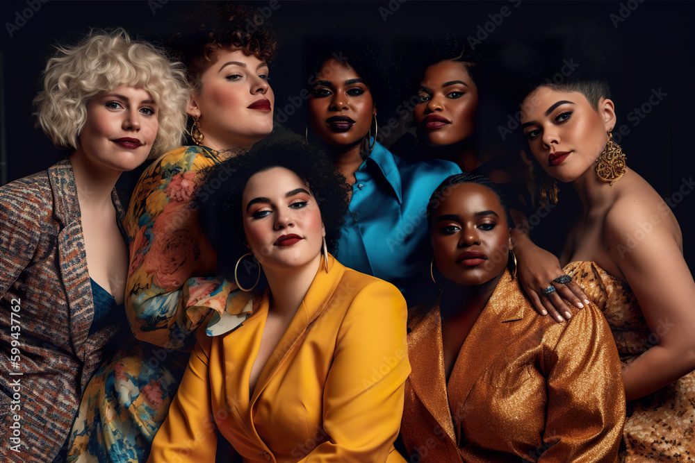 Diverse group of curvy, plus size, active, big, chubby woman standing next to each other. AI generative illustration, plus size beauty campaign Generative AI