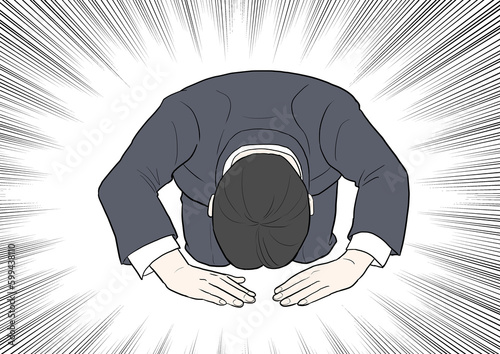土下座するビジネスマン　集中線