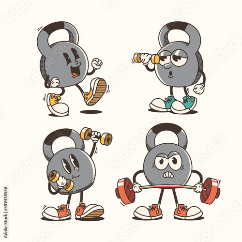 Set of Traditional Cartoon kettlebell mascot Illustration with Varied Poses and Expressions © coz1421