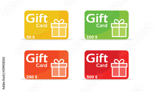 Gift card with dollar bonus , Customer gift reward bonus card 50$,100$,250$,500$ , collect bonus card vector