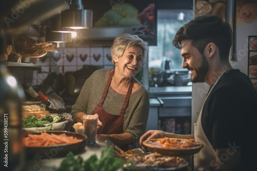 A man and a woman preparing food in a kitchen. AI generative. Generative AI