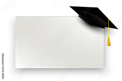 realistic 3d render of graduation cap and diploma. Education, degree ceremony concept. Vector illustration.