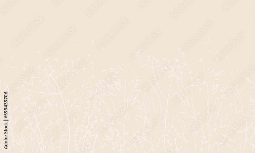 Vector illustration with wild and dry herbs. Pastel tones. Panoramic horizontal seamless pattern. Meadow herbs for wallpaper, card, border, banner or your other design. Engraving.