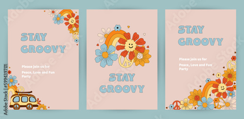 Templates with daisy flowers, retro car and rainbow for groovy party, birthday invitation, flyer, retro poster. Space for text. Vector illustration set.