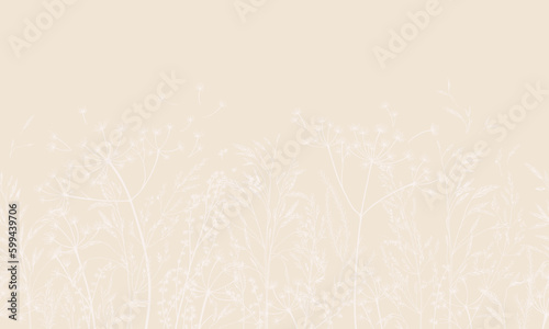 Vector illustration with wild and dry herbs. Pastel tones. Panoramic horizontal seamless pattern. Meadow herbs for wallpaper, card, border, banner or your other design. Engraving.