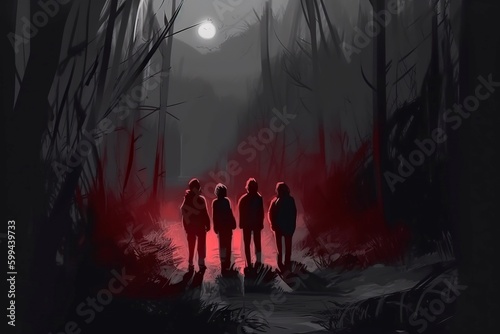 A group of friends goes on a night hike and hears strange whispers coming from the trees, Generative AI © Creative Division