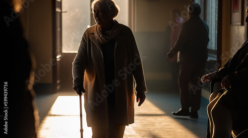 A photograph of an elderly person using a walking aid with a relative or caregiver in a hospital hallway on sunset, AI genrative Generative AI