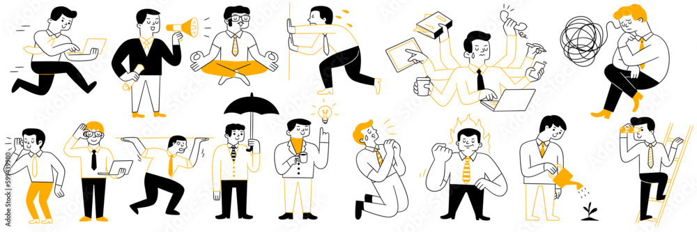 Cute character illustration doodle style of male office worker or businessman working, speaking, listening, pushing wall, holding burden, busy, thinking, worried. Outline, thin line art, hand drawn.
