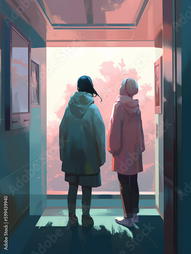 Two Woman, Couple, Standing in front of  and looking out of a large window in an apartment building hallway, corridor, Romantic Tight Spaces Minimal Pink and Blue Painting Generative AI