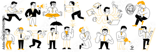 Cute character illustration doodle style of male office worker or businessman working, speaking, listening, pushing wall, holding burden, busy, thinking, worried. Outline, thin line art, hand drawn.
