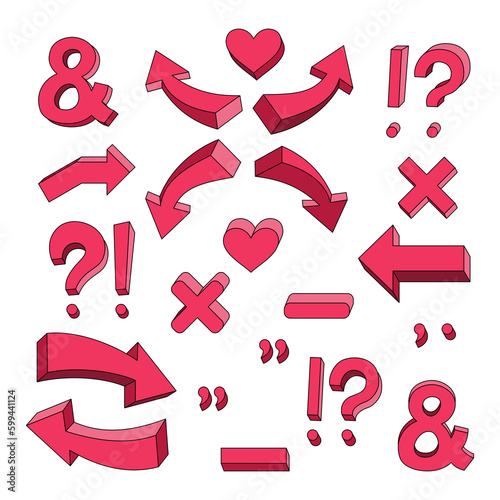 Zestaw elementów do designu: serce, znak zapytania, wykrzyknik, strzałka, ampersand, przecinek, kropka, krzyżyk, cudzysłów, myślnik. Różowe przestrzenne kształty.