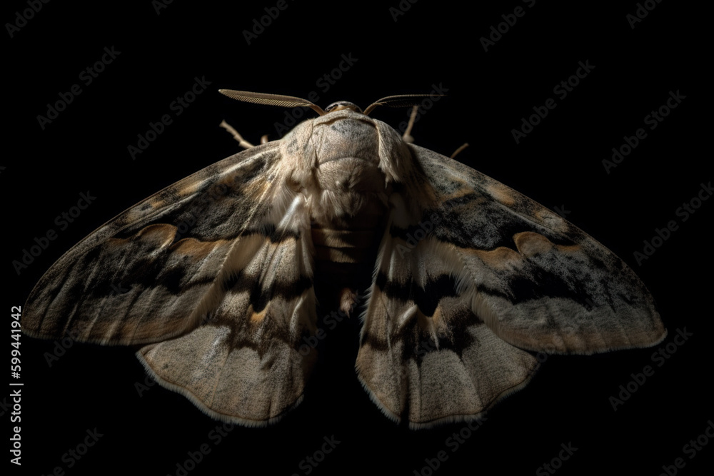 A close up of a moth on a black background. AI generative. Generative AI - obrazy, fototapety, plakaty 