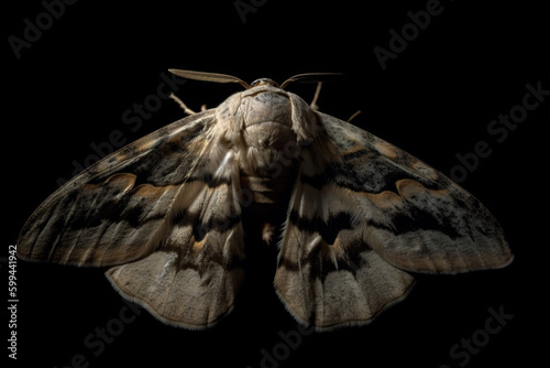 A close up of a moth on a black background. AI generative. Generative AI photo