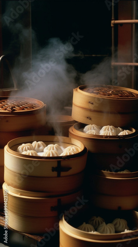 steamed dumplings in bamboo steamer, Chinese cuisine