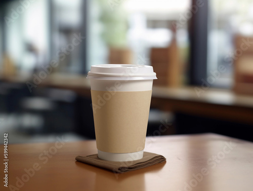 Print op canvas Coffee cup on wooden table in a coffee shop, mock-up photo AI