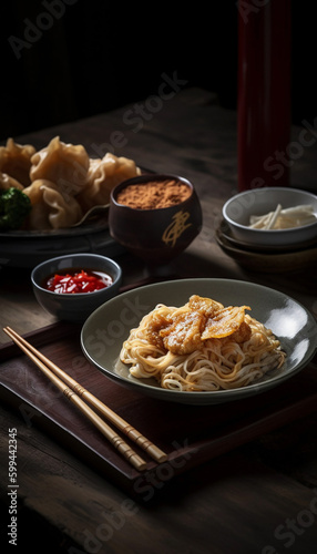 Chinese Noodles with chili sauce, vegetables, and side dishes on Wooden Table