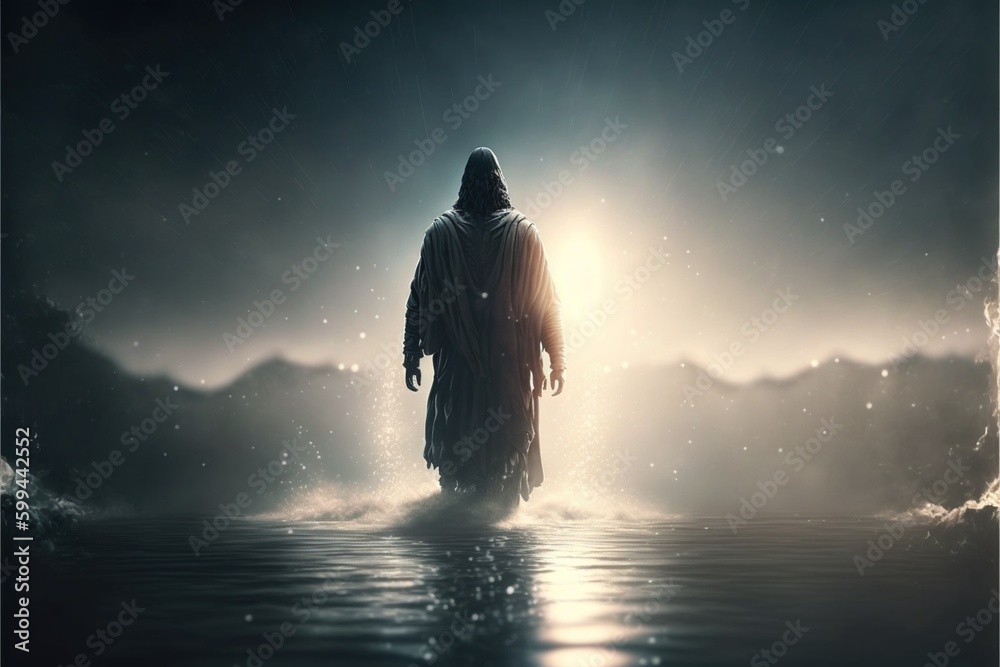 image of jesus walking on water, image of GOD, generative ia image of jesus walking on water, image of GOD, generative ia