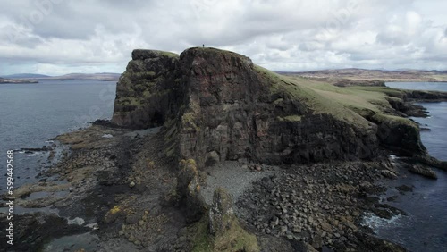 Person enjoying view of Oronsay Island at Isle of Skye in Scotland. Drone dolley photo