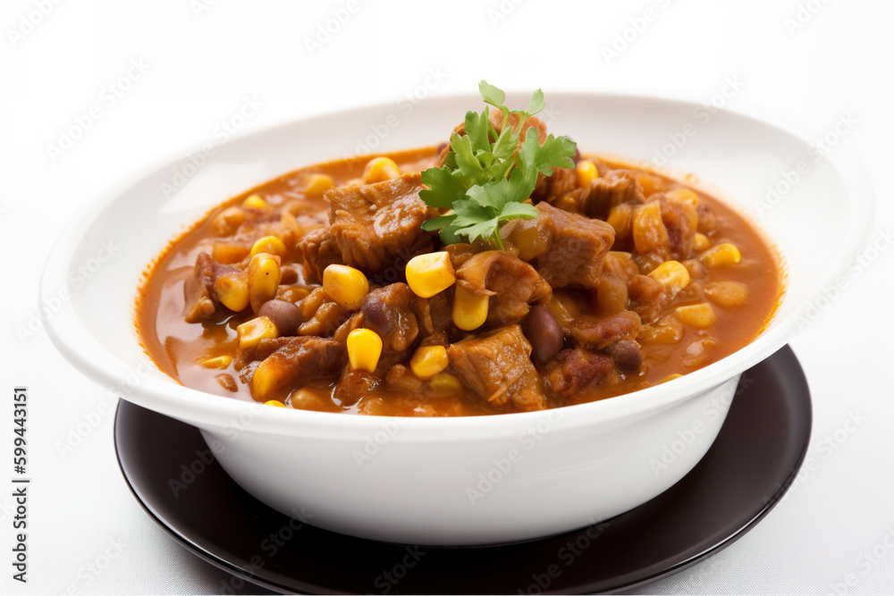 Locro - Stew made with corn, beans, and meat, AI generative dish on white background Generative AI Locro - Stew made with corn, beans, and meat, AI generative dish on white background Generative AI