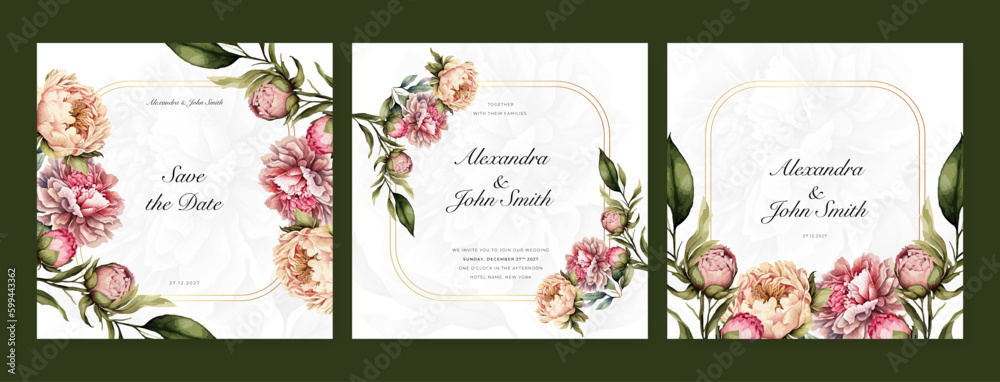 pink rose floral flower vector watercolor colorfull wedding invitation card template set with golden floral decoration