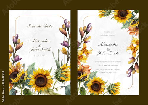 yellow sunflower floral flower elegant wedding invitation watercolor